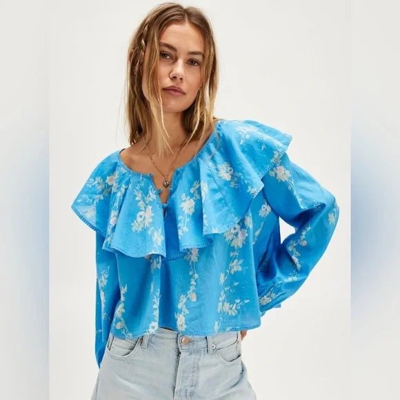 Free People Camilla Printed Blouse NWT blue floral boho Large flowy top - Picture 1 of 5